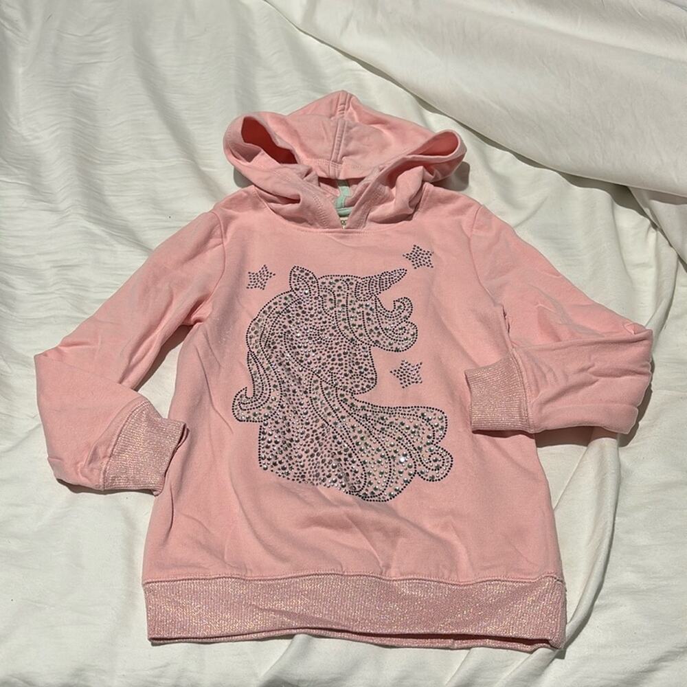 Cynthia Rowley M 5/6 light pink hooded sweatshirt bejeweled unicorn silver euc